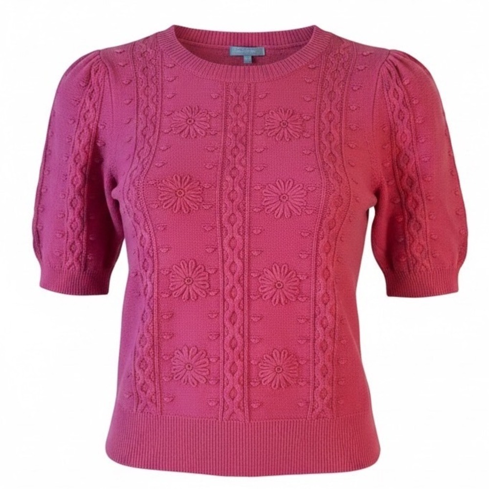 Draper James Pink Floral Cable Knit Puff Sleeve Sweater Women's Large NWT